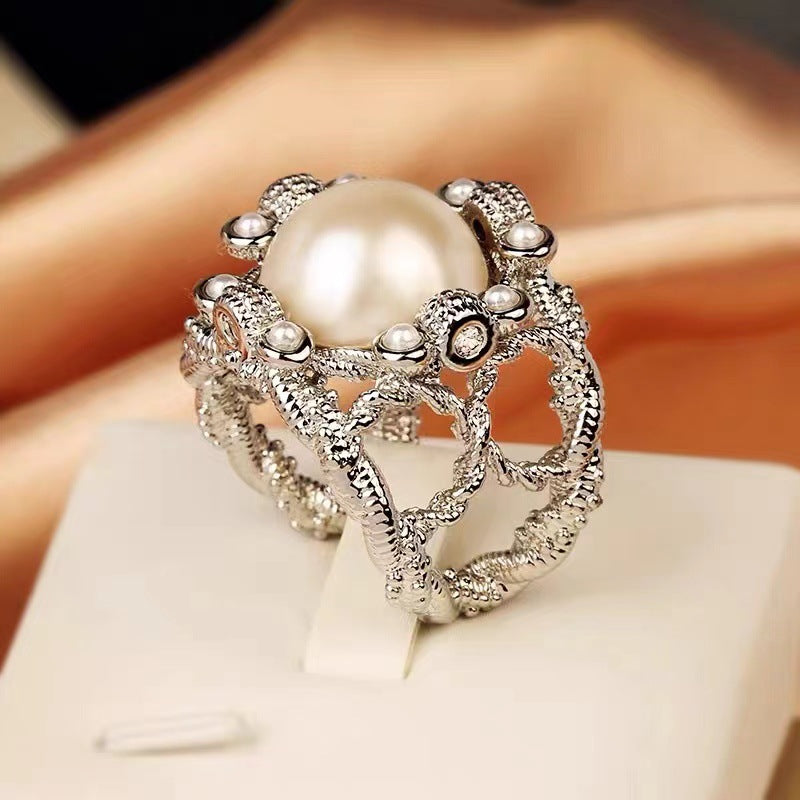 Retro Pearl Zircon Geometric Ring for Women