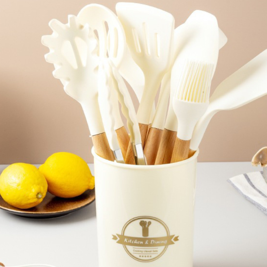 Wooden-handle silicone kitchen utensils