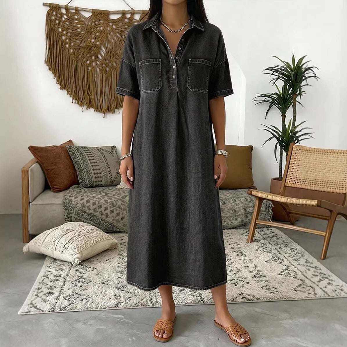 Womens Casual V-Neck Denim Dress