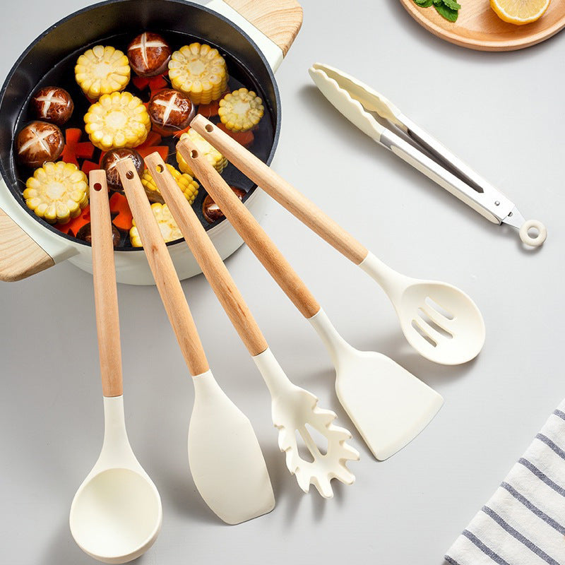 Wooden-handle silicone kitchen utensils