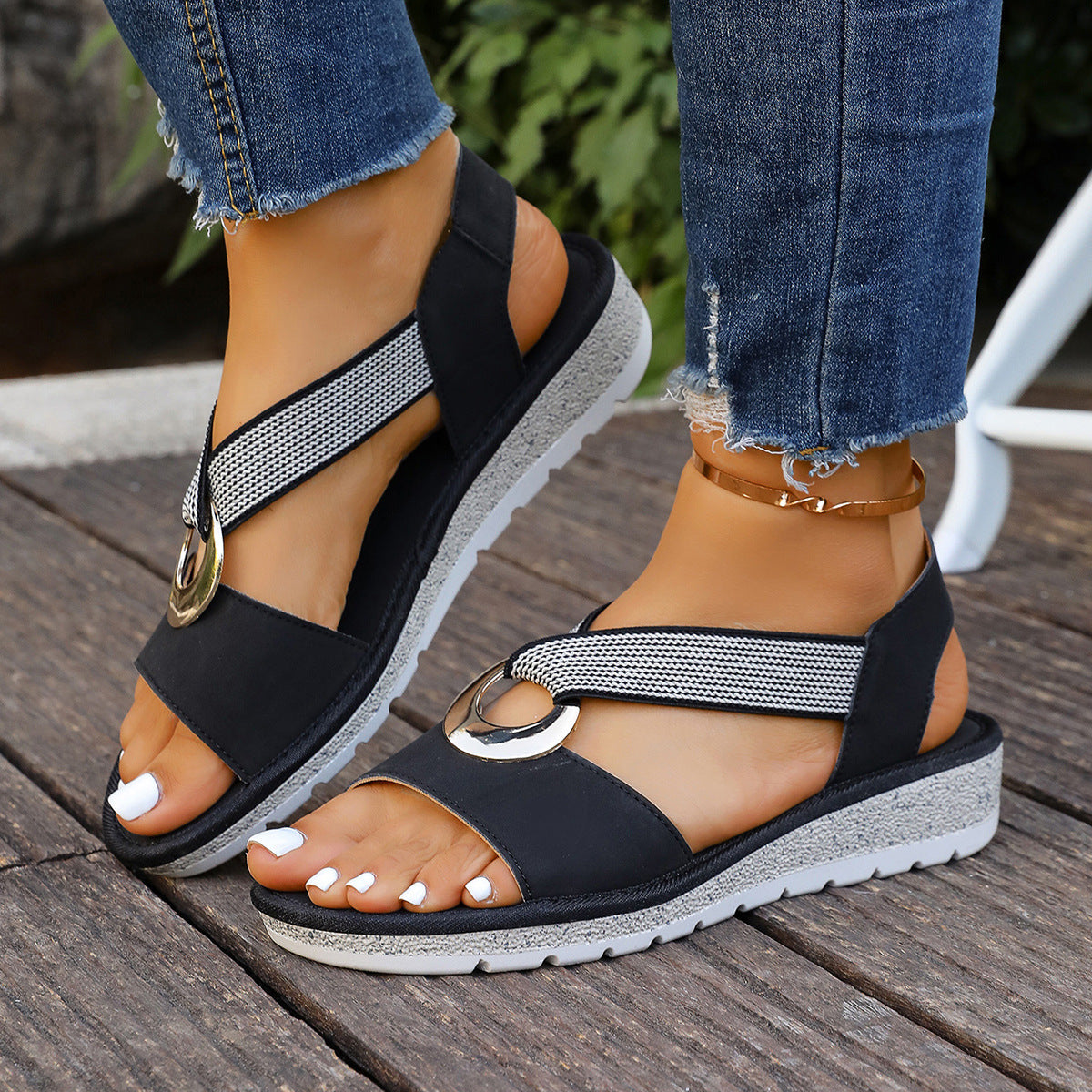Women's Fish Mouth Sandals with Metal Buckle and Hemp Rope