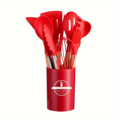 Wooden-handle silicone kitchen utensils