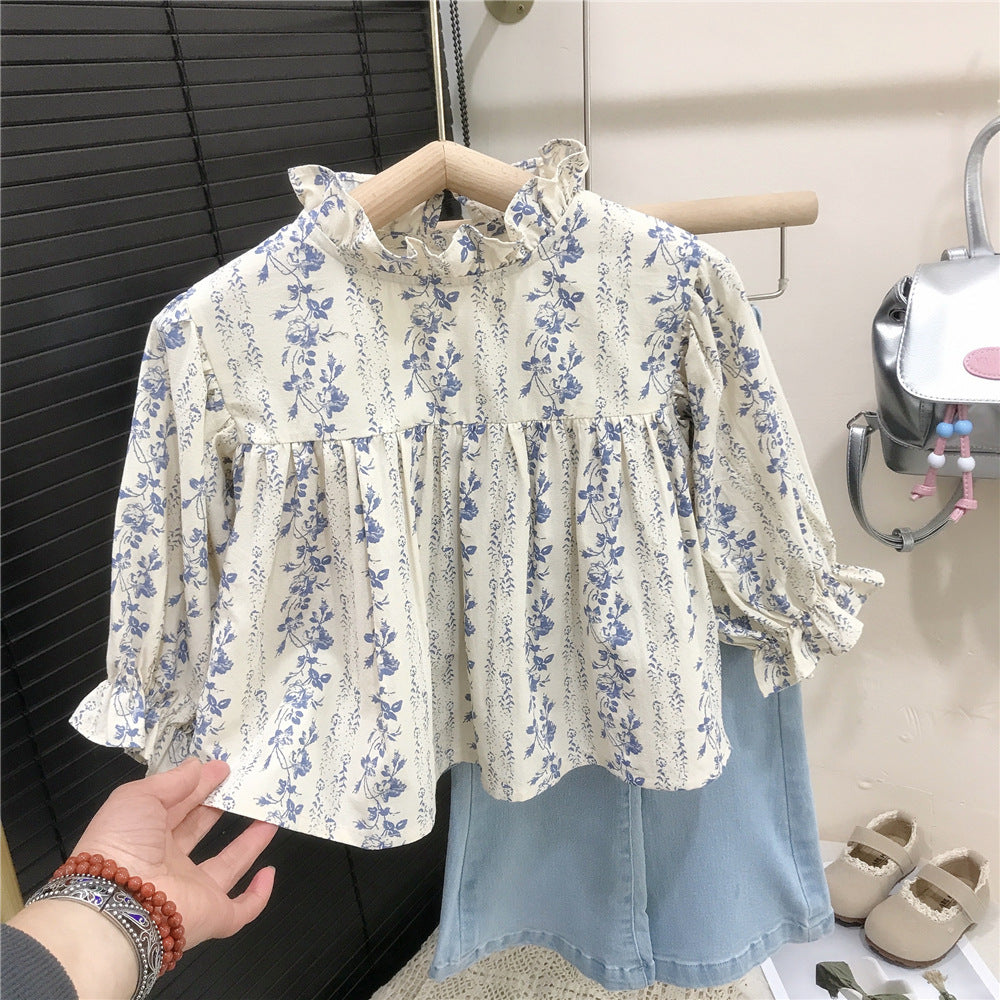 Girls Floral Shirt and Denim Flared Pants Set