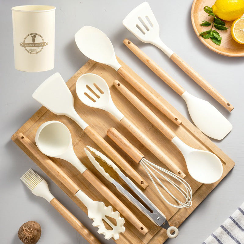Wooden-handle silicone kitchen utensils