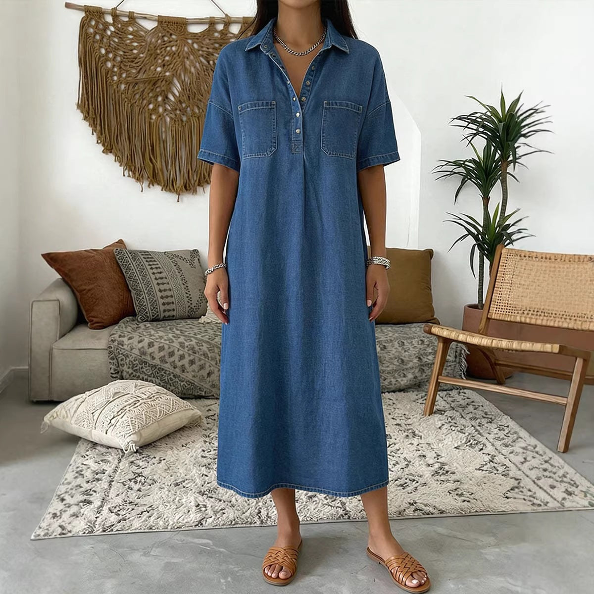 Womens Casual V-Neck Denim Dress
