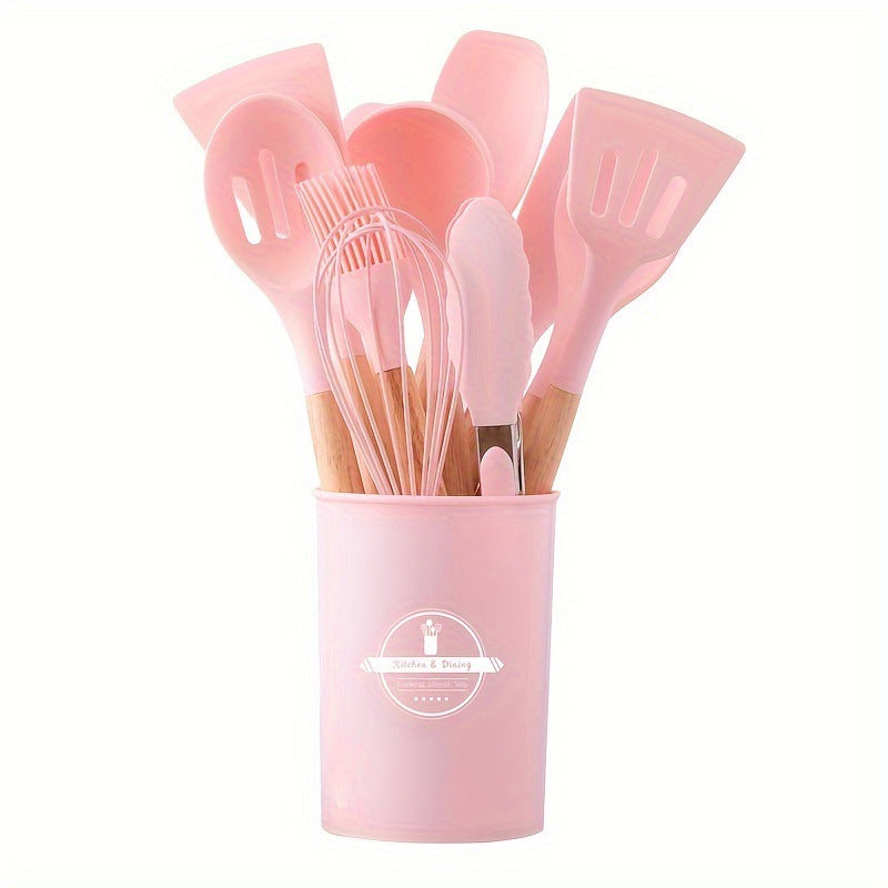 Wooden-handle silicone kitchen utensils