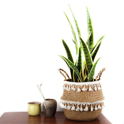 Foldable Straw Woven Flower Pot Basket Storage Nordic Decorative Plant Floor Basket