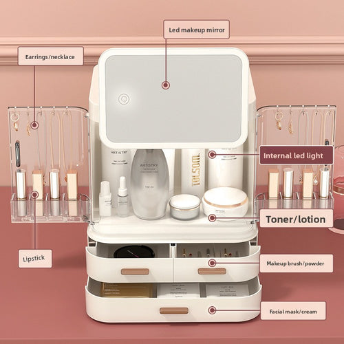 Cosmetic Storage Box with LED Mirror and Drawers
