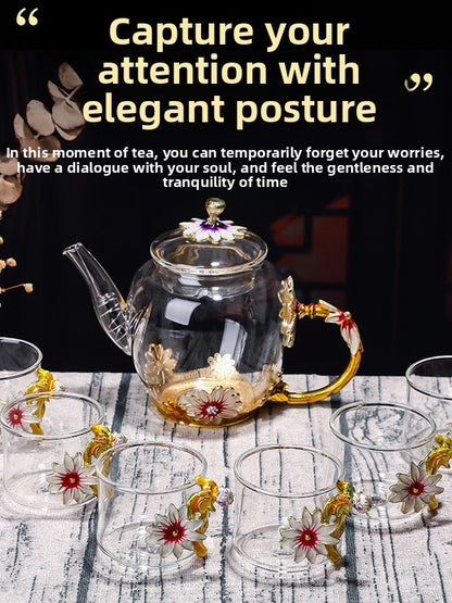 Exquisite Enamel Teapot, Crystal Glass Tea Cup