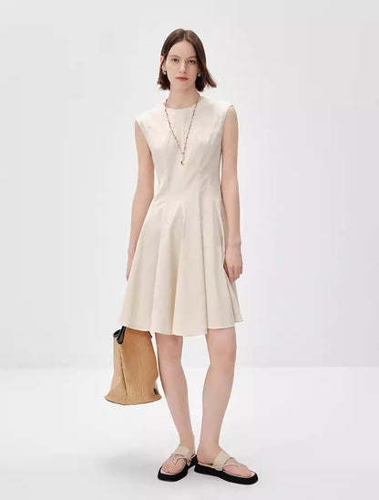 French Style Waist Cinching Round Neck Dress